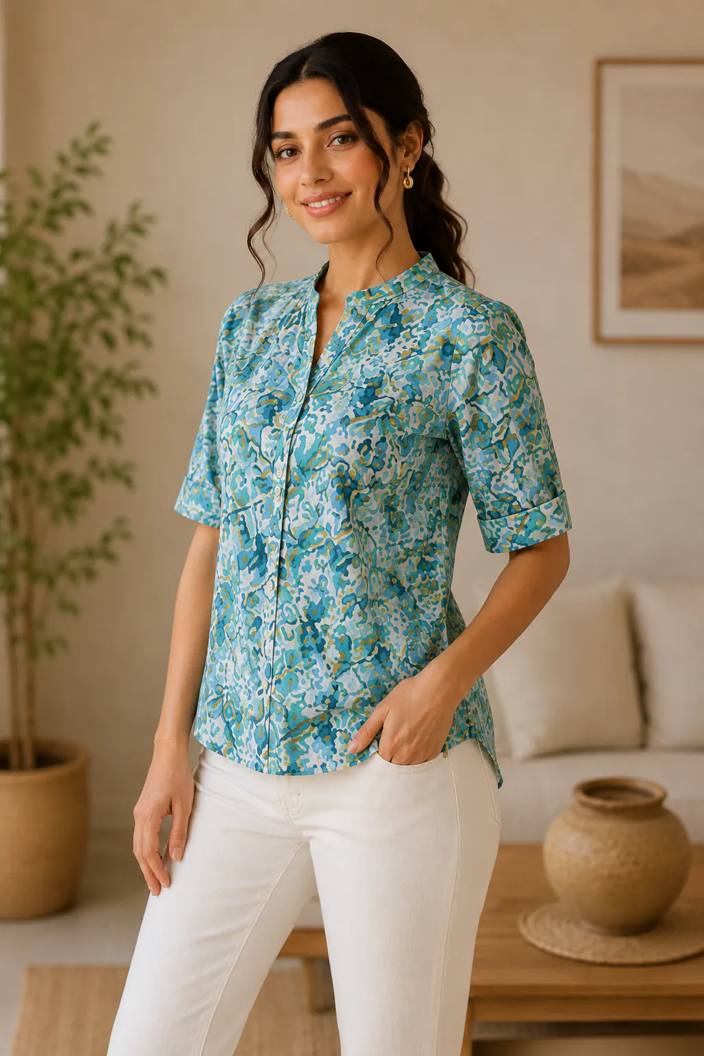 Floral Cotton Mandarin Collar Top