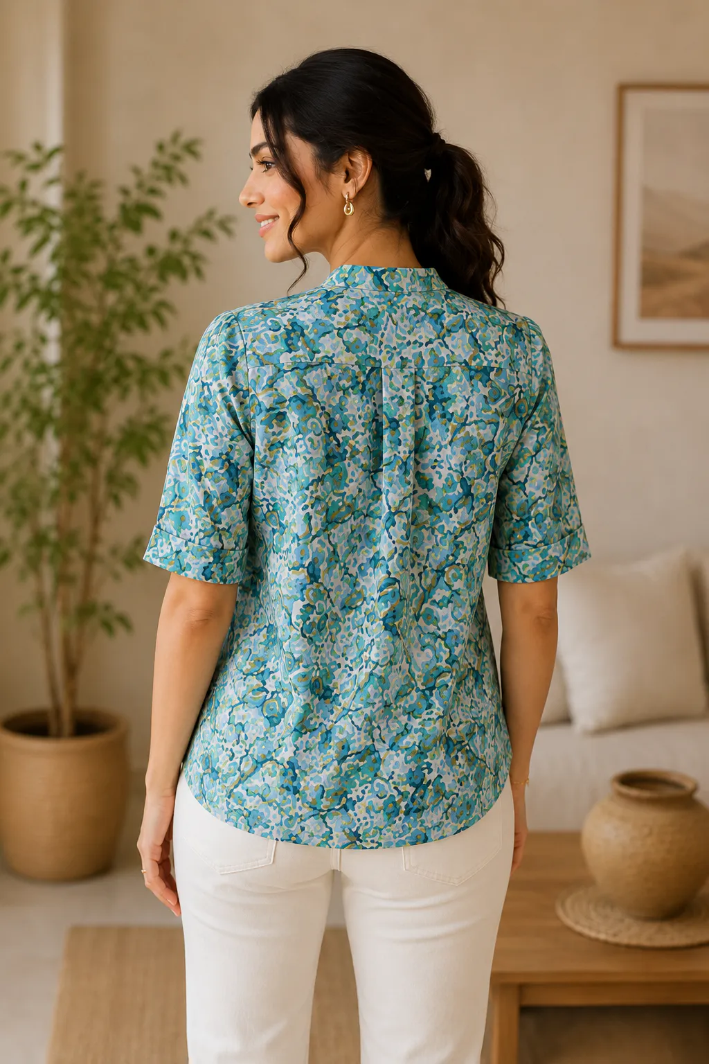 Floral Cotton Mandarin Collar Top