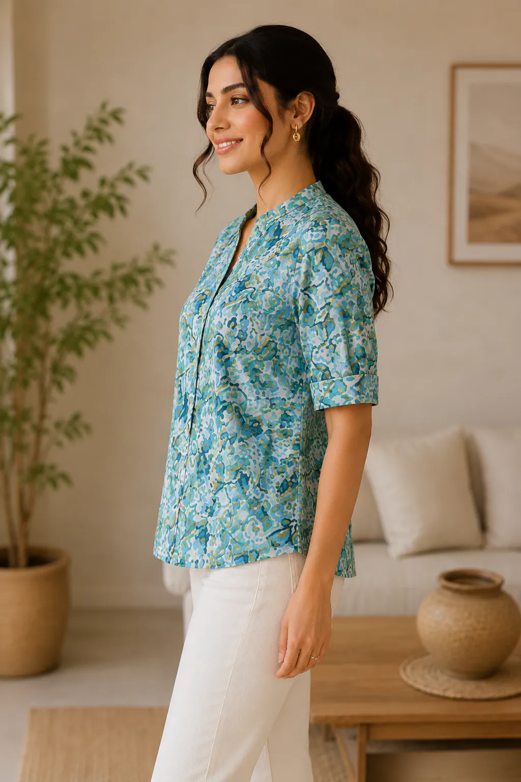 Floral Cotton Mandarin Collar Top
