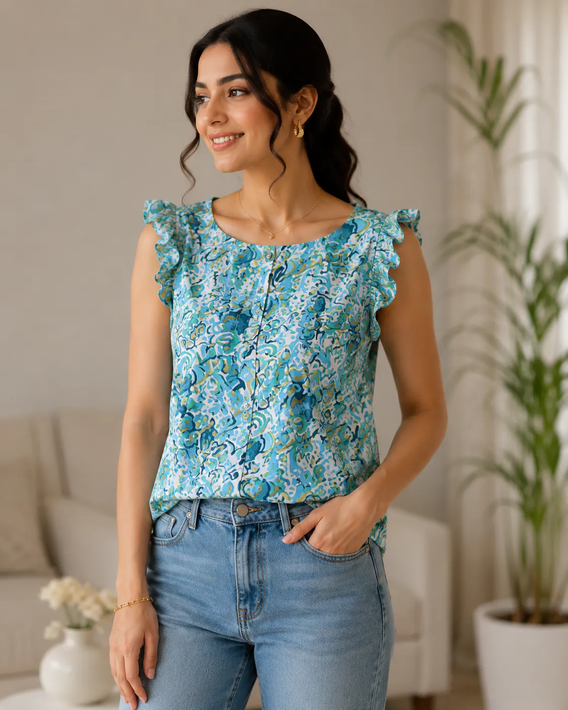 Floral Cotton Ruffle Sleeve Top