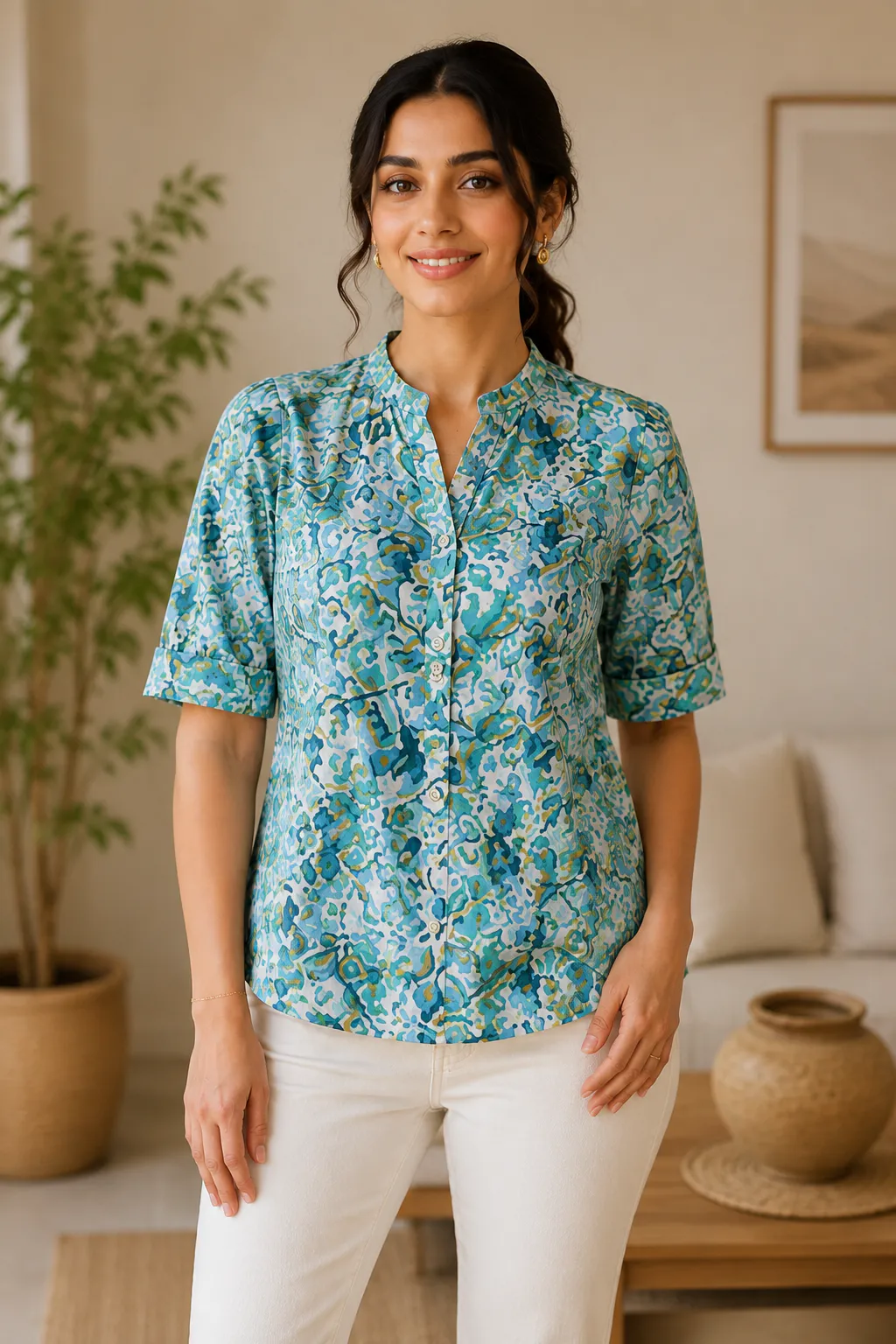 Floral Cotton Mandarin Collar Top