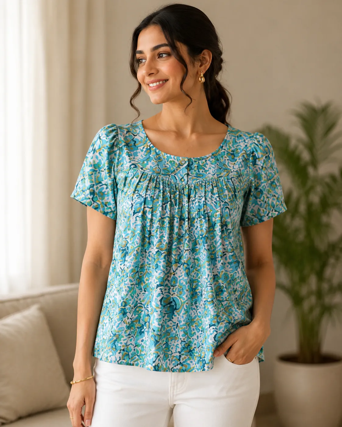 Women's Blue Floral Cotton Top – Stylish Everyday Wear