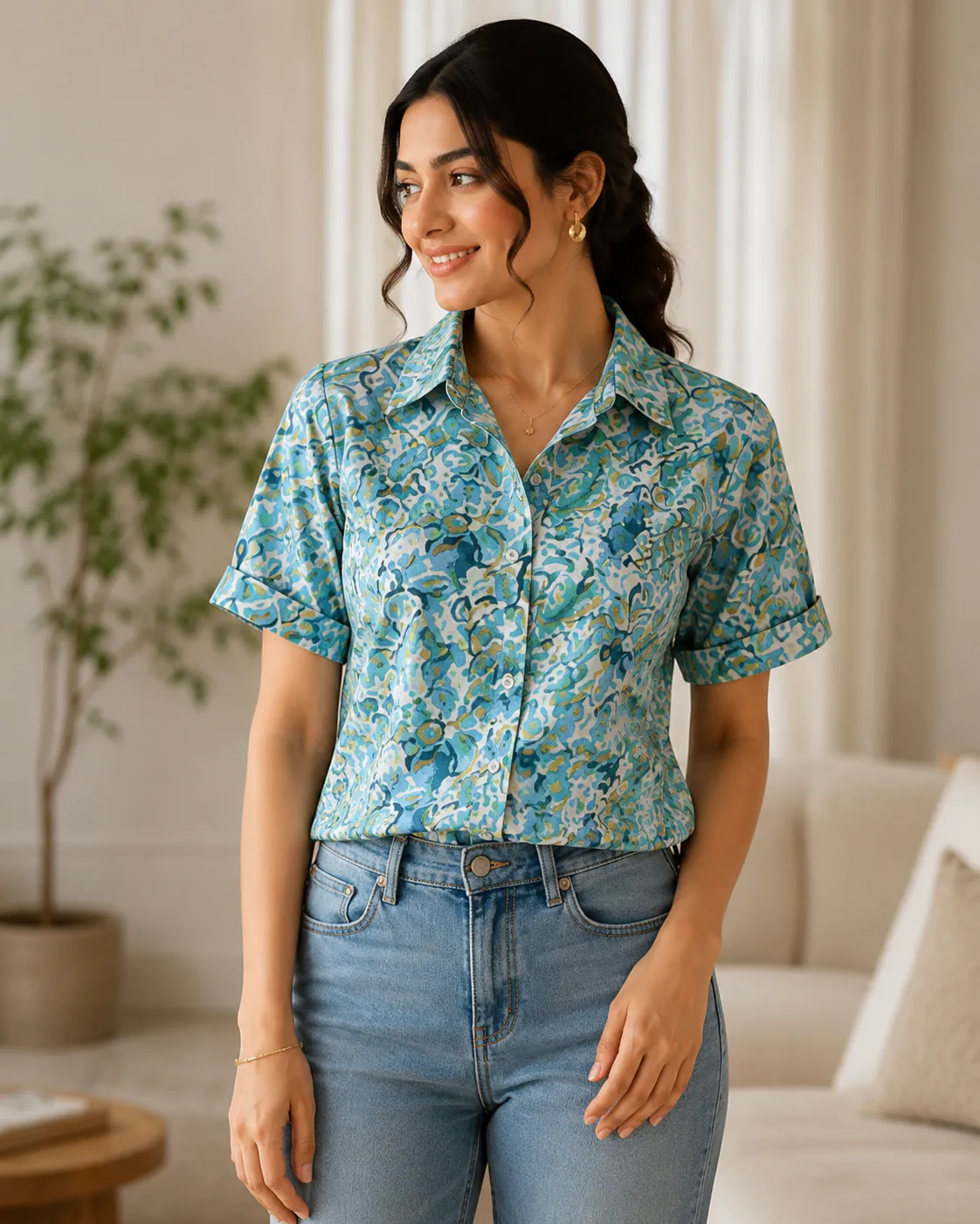 Women's Blue Floral Cotton Top – Stylish Everyday Wear