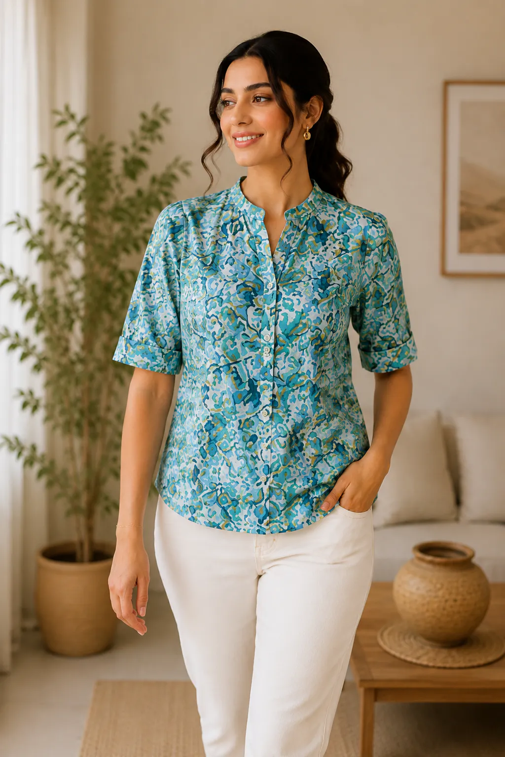 Floral Cotton Mandarin Collar Top