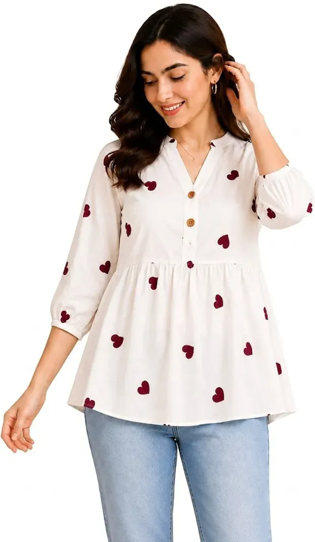Casual Printed Women White and Maroon Top