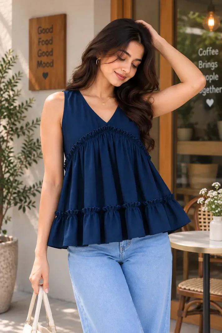 Casual Self Design Women Blue and Beige Top