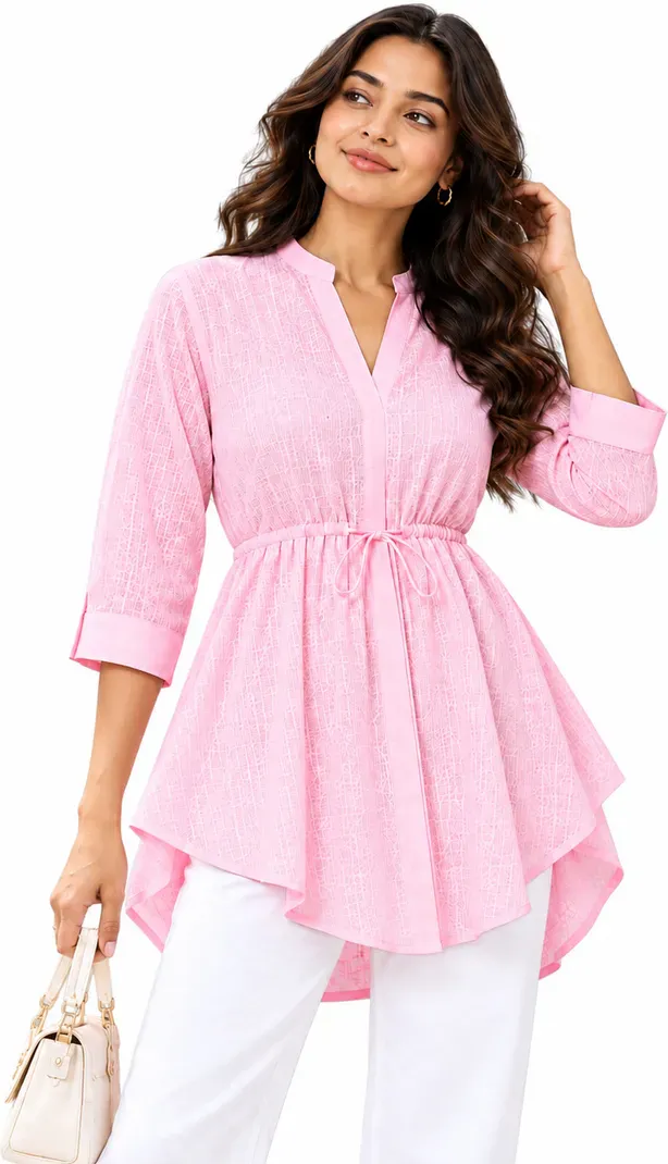 Vastriqo Casual Cuffed Sleeves Self Design Women Pink Top