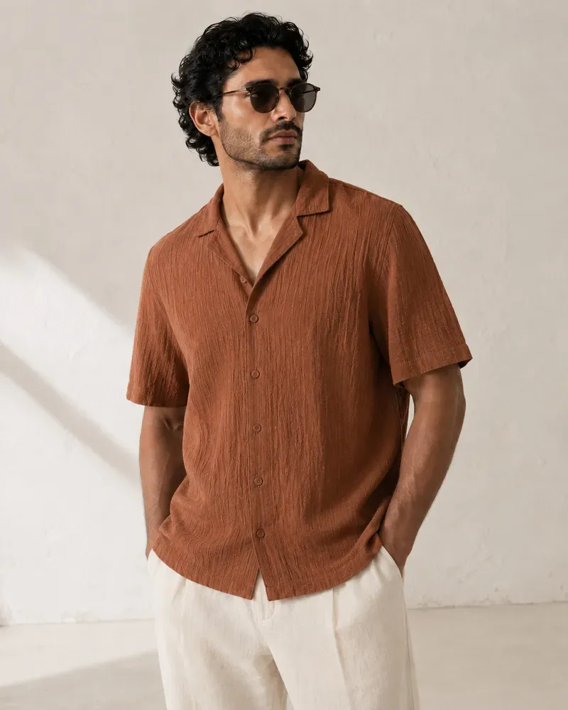 Men Self Design Casual Brown Shirt