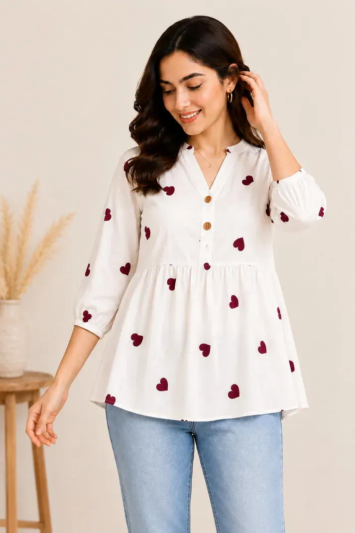 Casual Printed Women White and Maroon Top