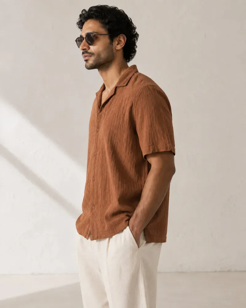 Men Self Design Casual Brown Shirt