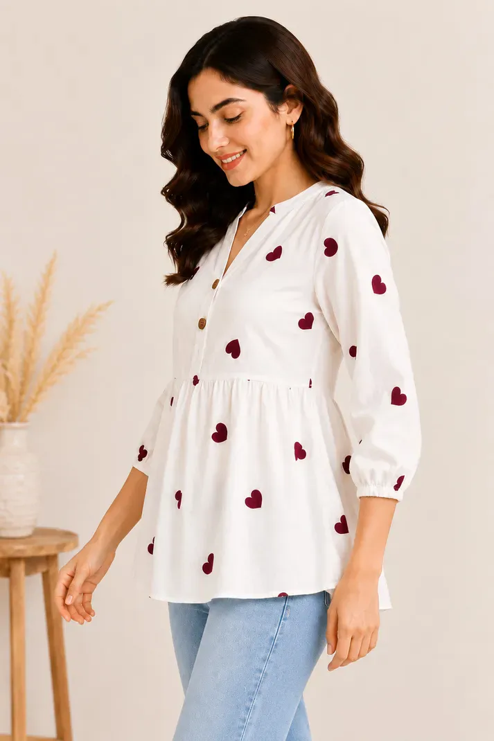 Casual Printed Women White and Maroon Top