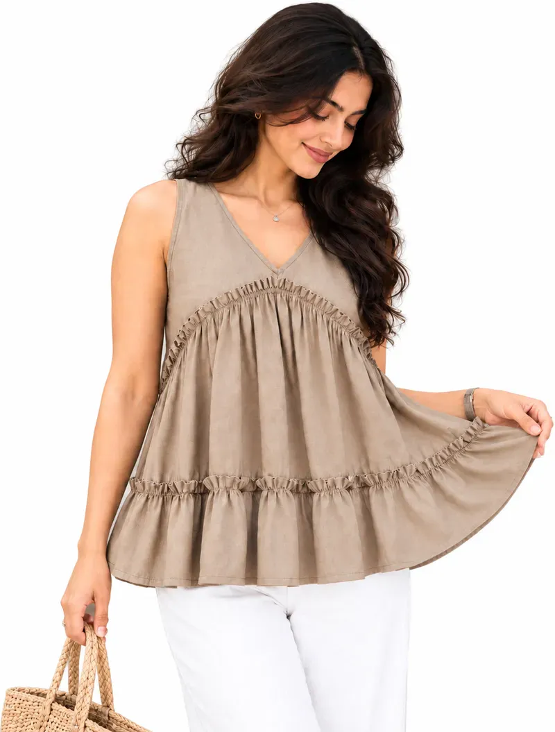 Casual Self Design Women Blue and Beige Top