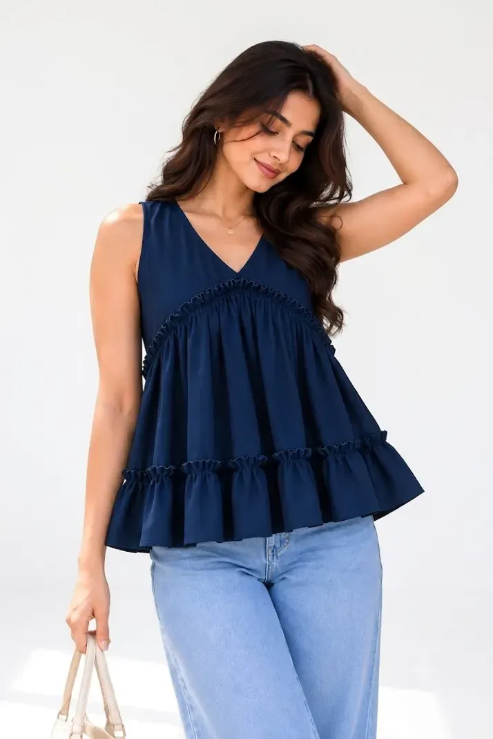 Casual Self Design Women Blue and Beige Top