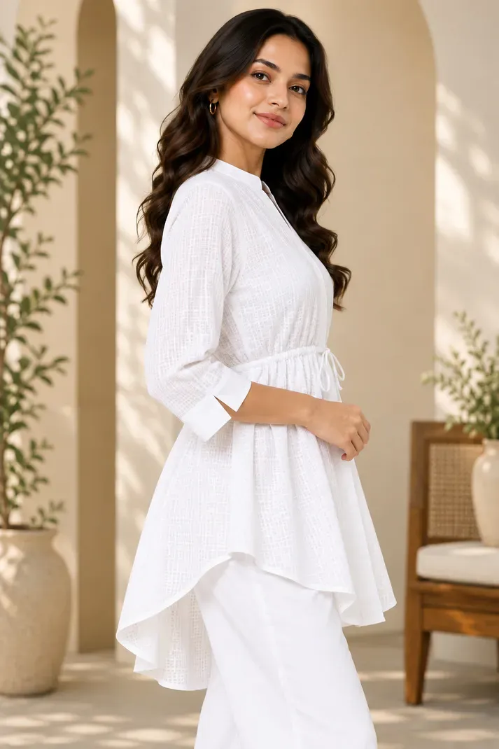 Vastriqo Casual Cuffed Sleeves Self Design Women White Top