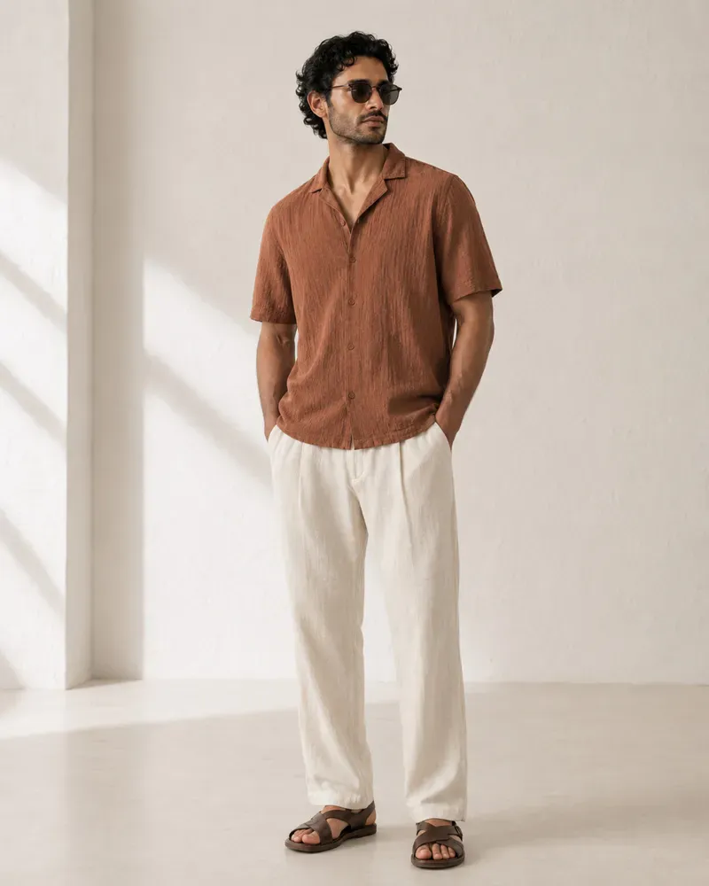 Men Self Design Casual Brown Shirt