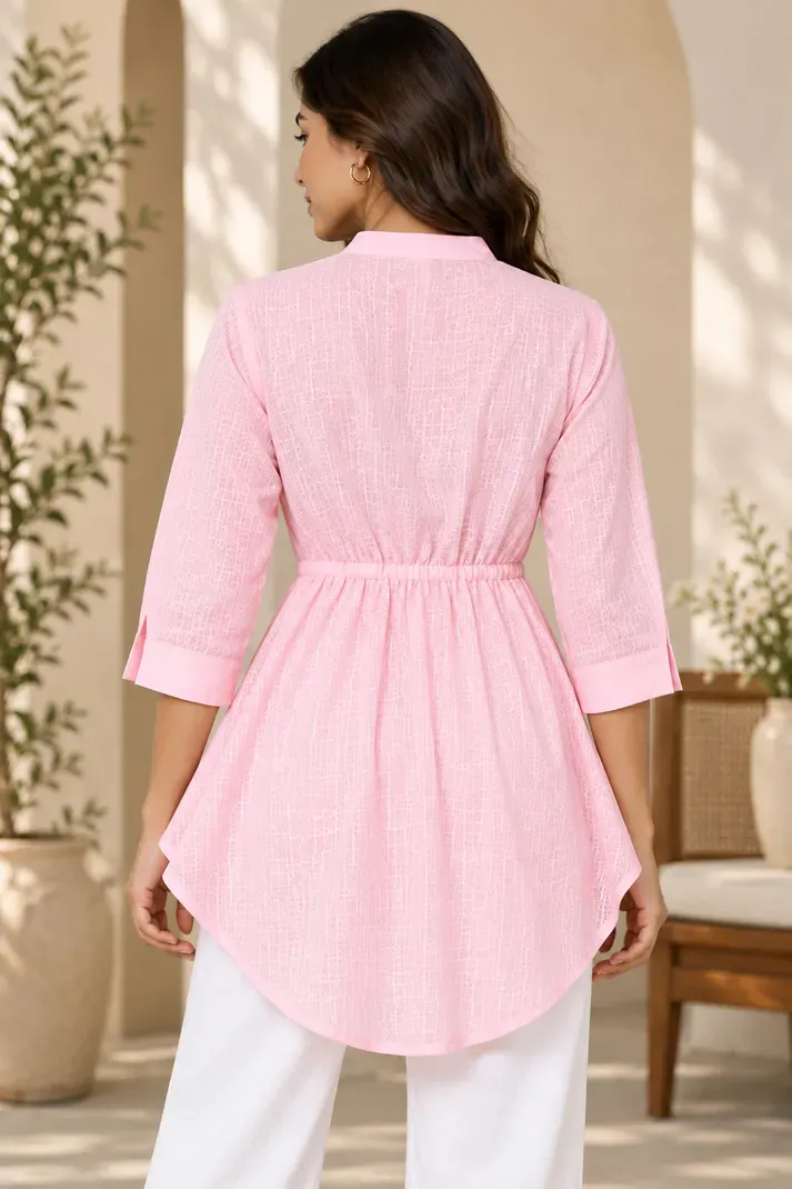 Vastriqo Casual Cuffed Sleeves Self Design Women Pink Top