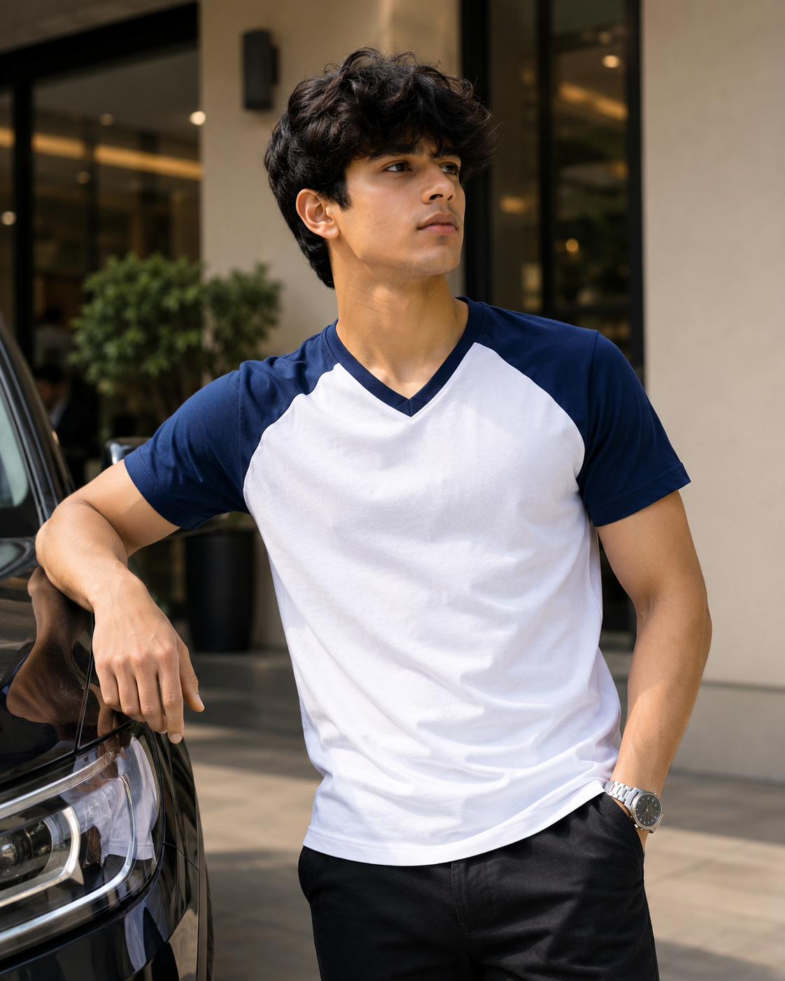 Premium White & Navy V-Neck T-Shirt for Men